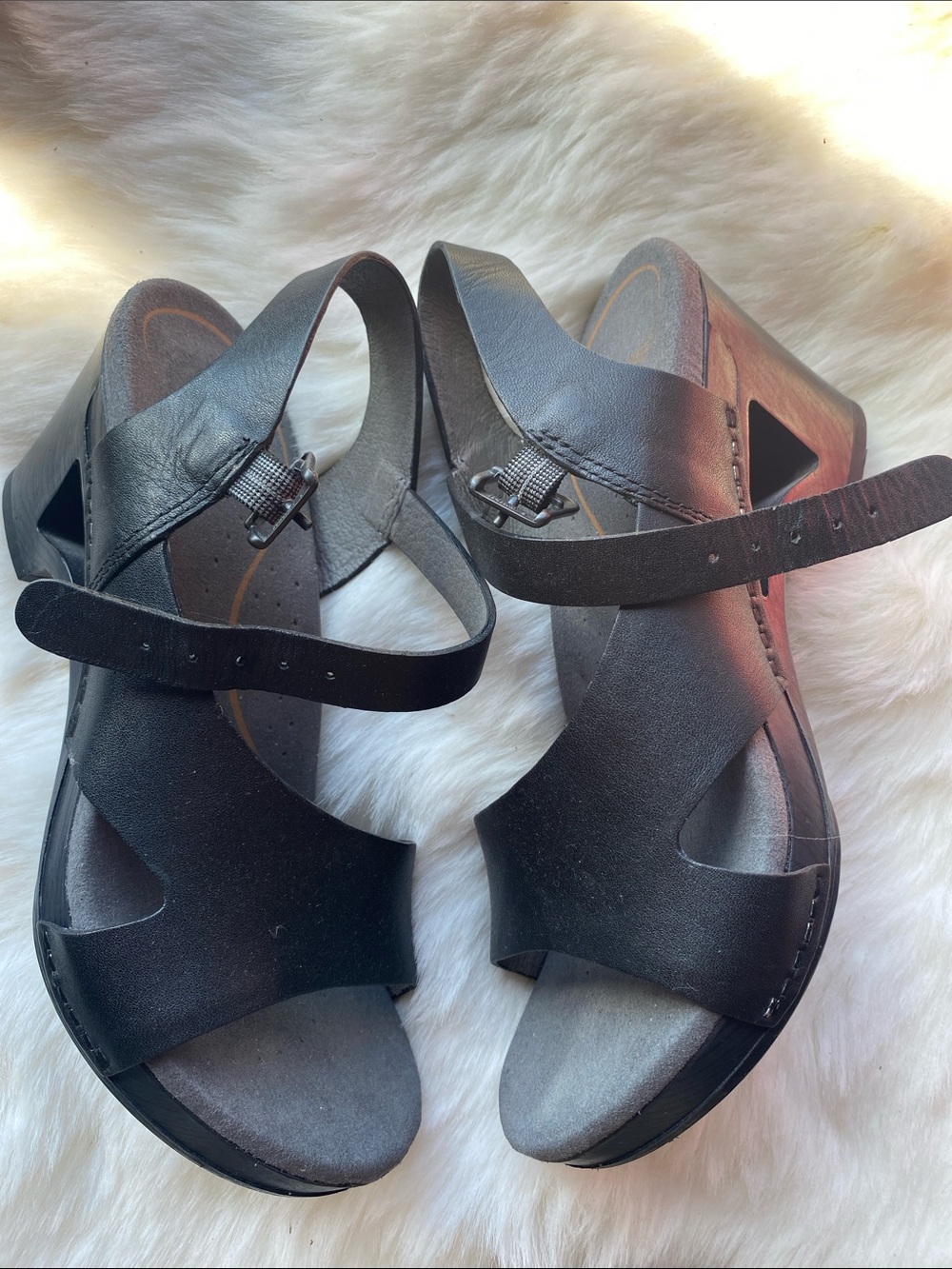 Dansko Black Leather Wedge Sandals
